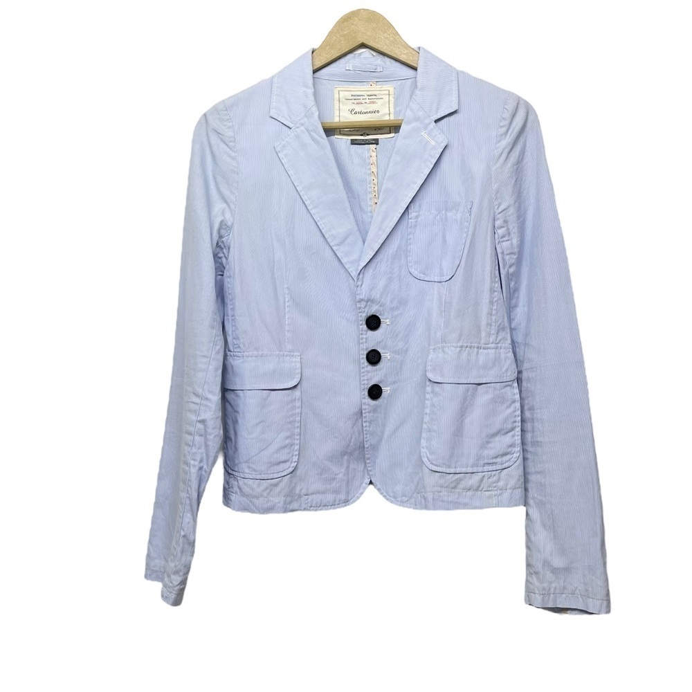 Anthropologie Cartonnier Blue White Striped Button Up Lightweight Blazer Small